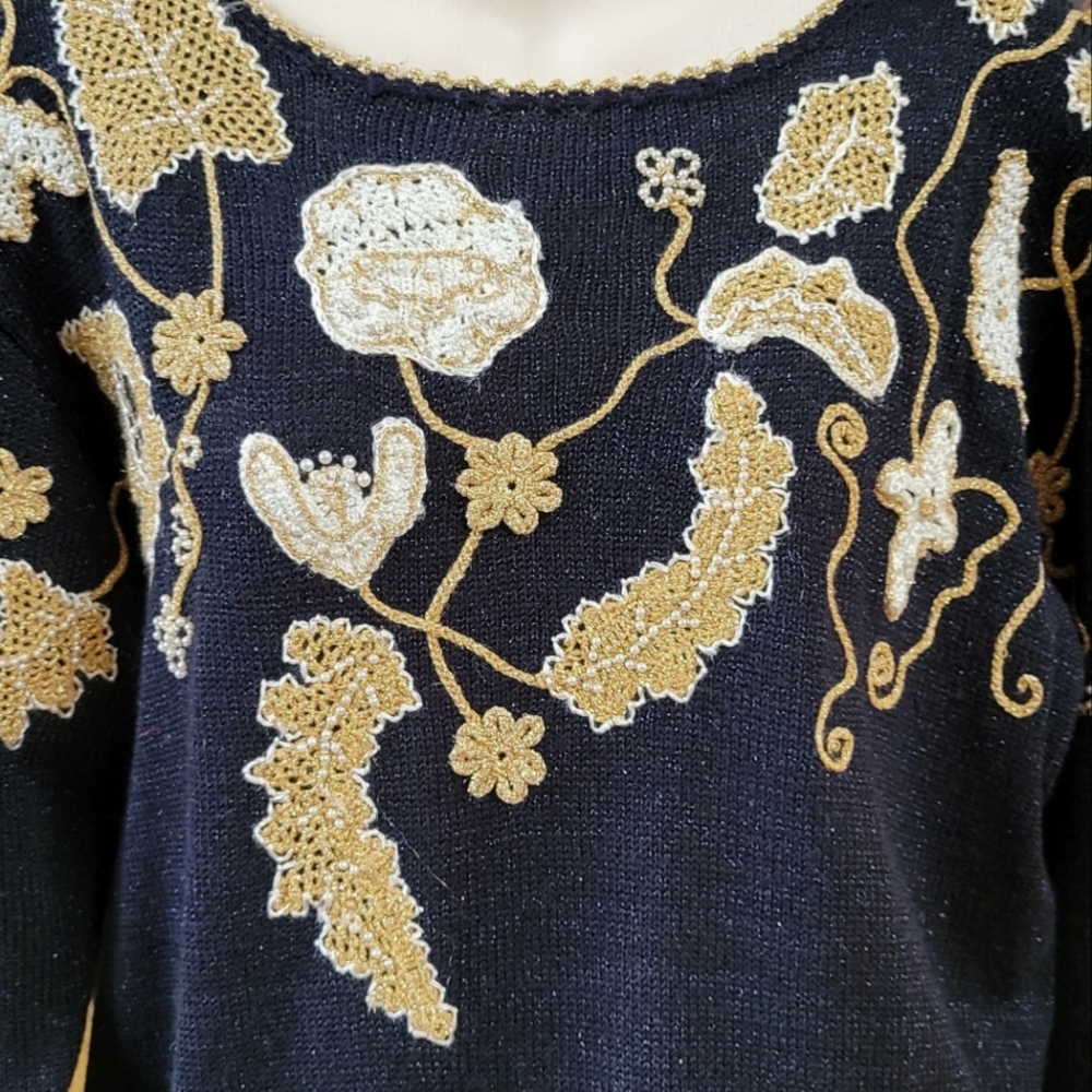 Vintage Beaded Sweater Black Shimmer  Gold Applique Pearl Beads Jocelyn Smith M - Picture 4 of 12